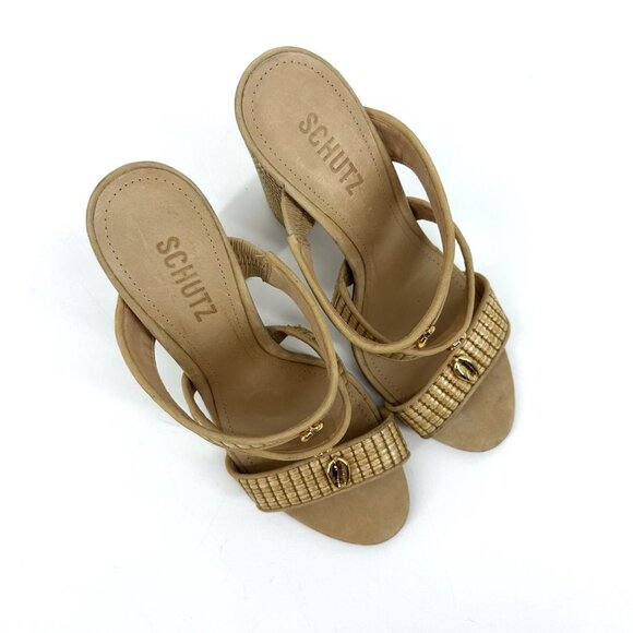 Schutz Karola High Block Heel Slide Sandals Natural Light Wood Size 8.5 - Picture 6 of 8